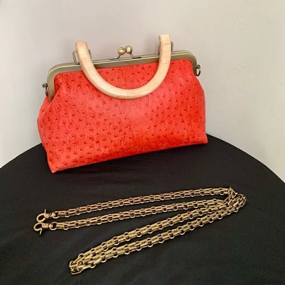 Handmade Genuine Ostrich Textured Cowhide, Wood Handle Kisslock Metal Frame Bag